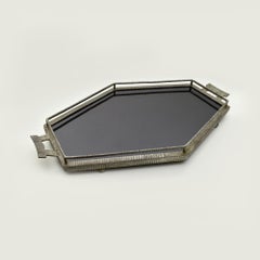 French Art Deco Hammered Iron Tray with Black Glass, Attributed to Raymond Subes