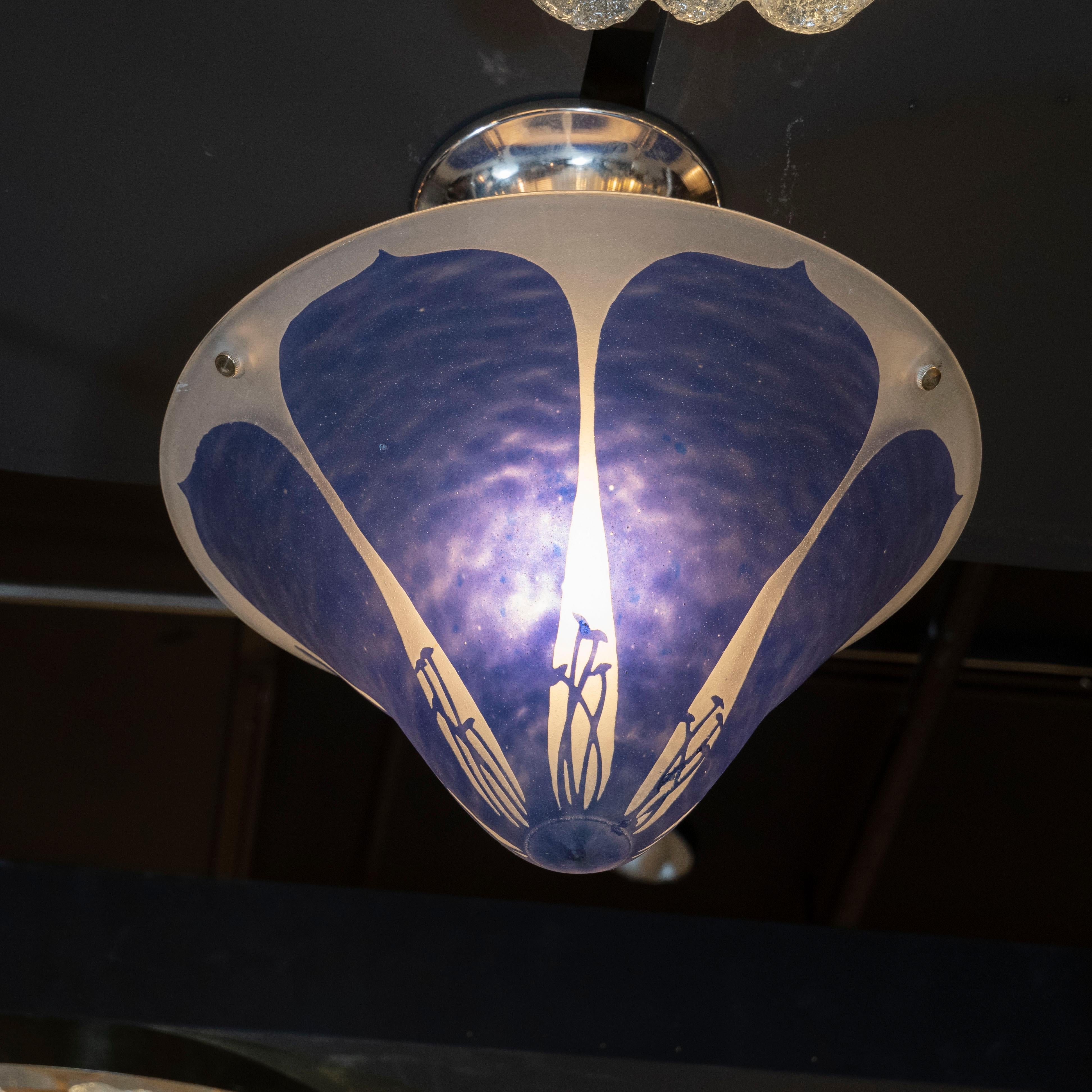 French Art Deco Hand Blown Lilac & Frosted Glass Chandelier Signed by Degue 2