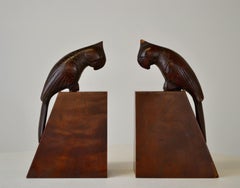 French Art Deco Hand-Carved Wooden Cockatoo Bookends, Solid Wood, 1930
