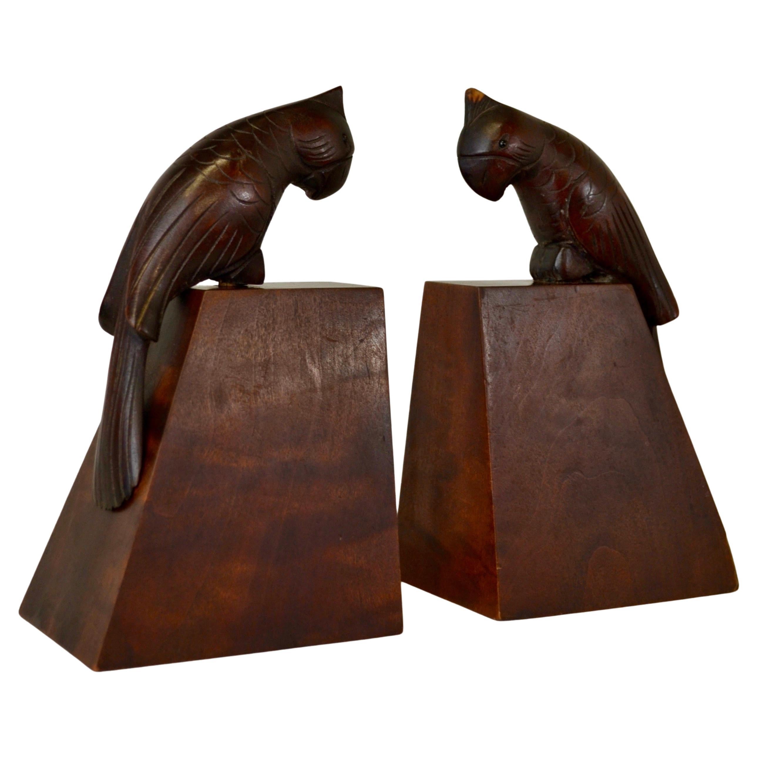 French Art Deco Hand-Carved Wooden Cockatoo Bookends, Solid Wood, 1930