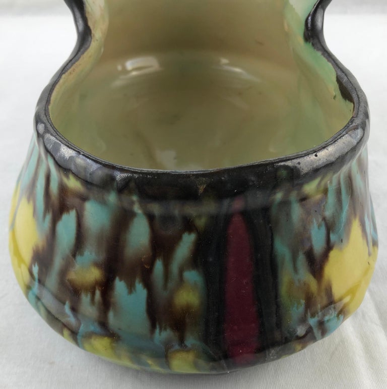 French Art Deco Handcrafted Ceramic Basket or Bowl with Handles, Signed