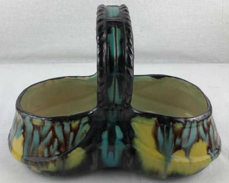 French Art Deco Handcrafted Ceramic Basket or Bowl with Handles, Signed