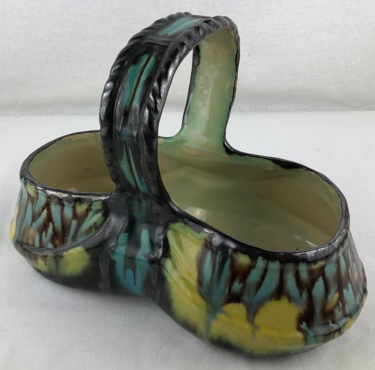 French Art Deco Handcrafted Ceramic Basket or Bowl with Handles, Signed