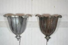 French Art Deco Hand Hammered Copper Lotus Up Light Sconces attr. Maison Jansen