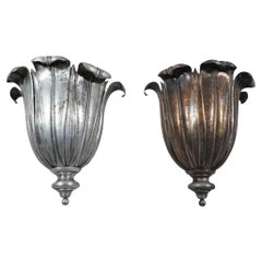 Antique French Art Deco Hand Hammered Copper Lotus Up Light Sconces attr. Maison Jansen