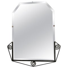 Antique French Art Deco Hand Hammered Iron Beveled Mirror- nickel finish