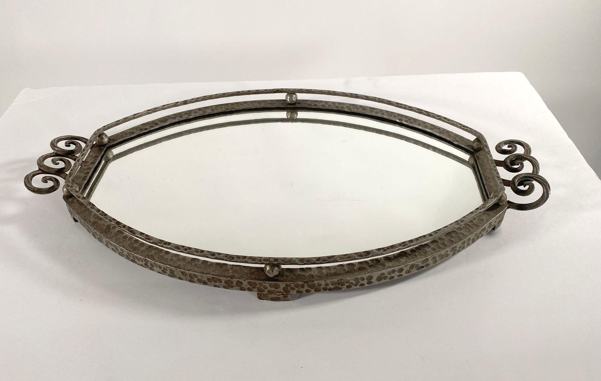 French, Art Deco Hand Hammered Steel and Mirror Tray, Raymond Subes In Good Condition For Sale In Hollywood, FL