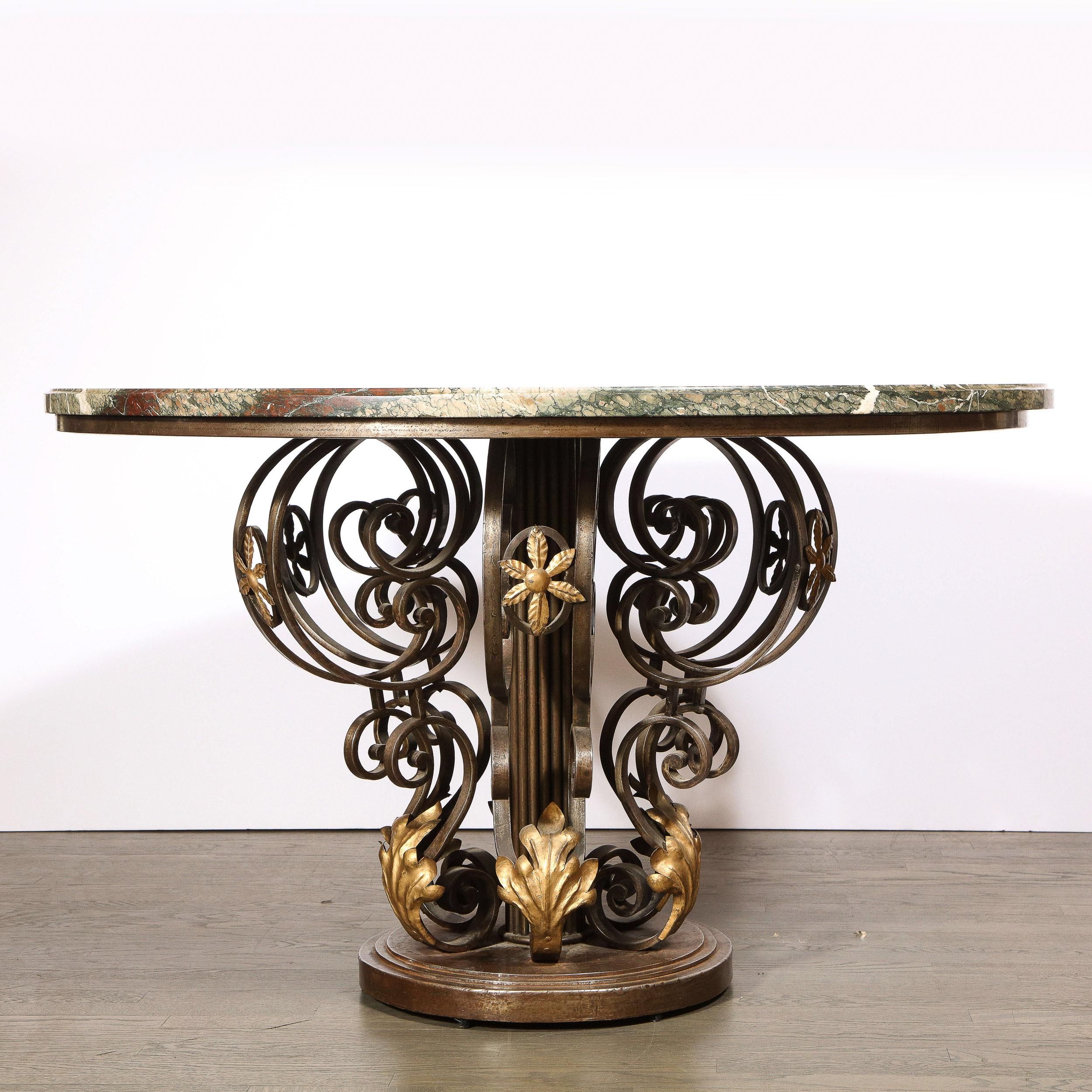 French Art Deco Hand Wrought Iron Table with Gilded Accents & Exotic Marble Top 8