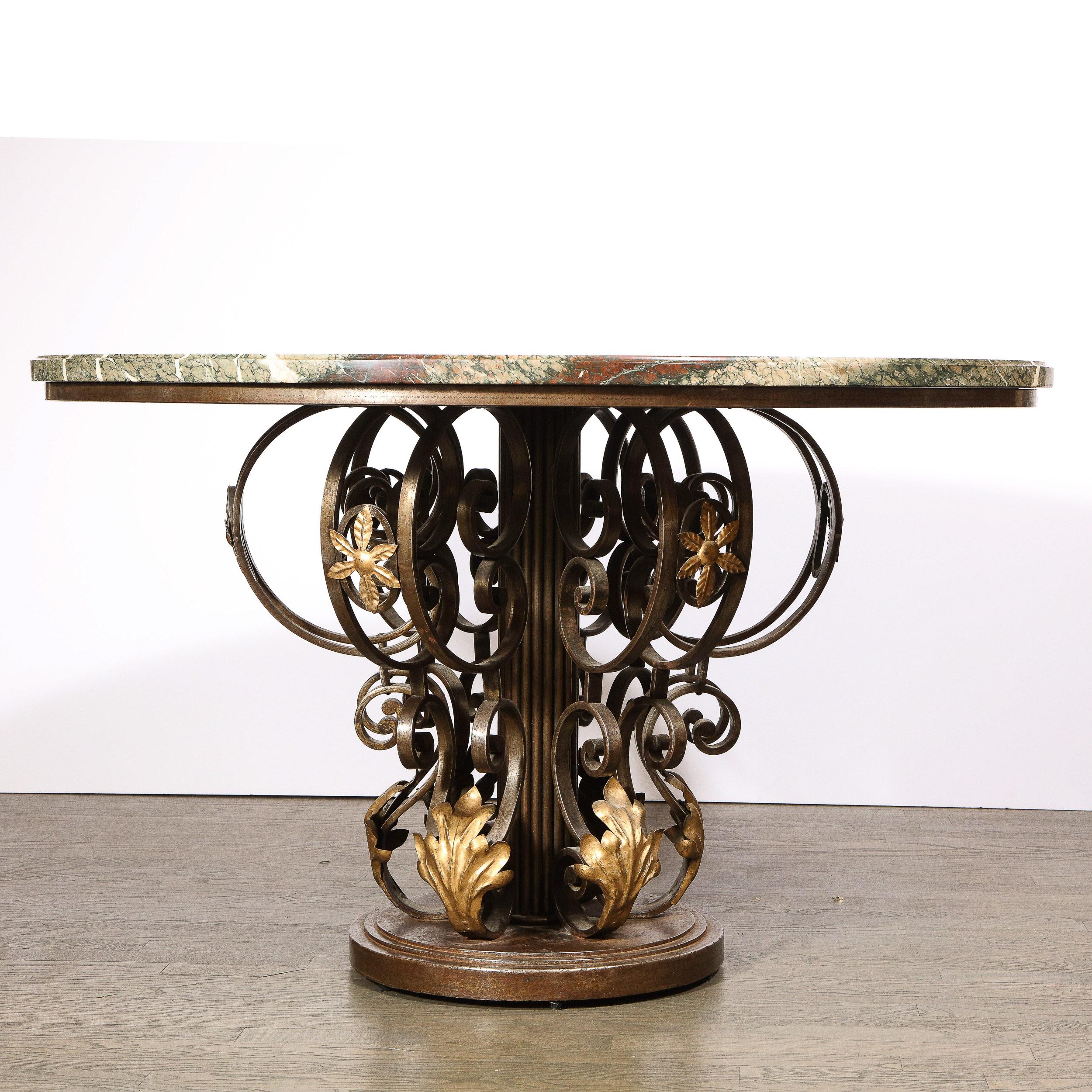French Art Deco Hand Wrought Iron Table with Gilded Accents & Exotic Marble Top 9