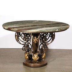 French Art Deco Hand Wrought Iron Table with Gilded Accents & Exotic Marble Top