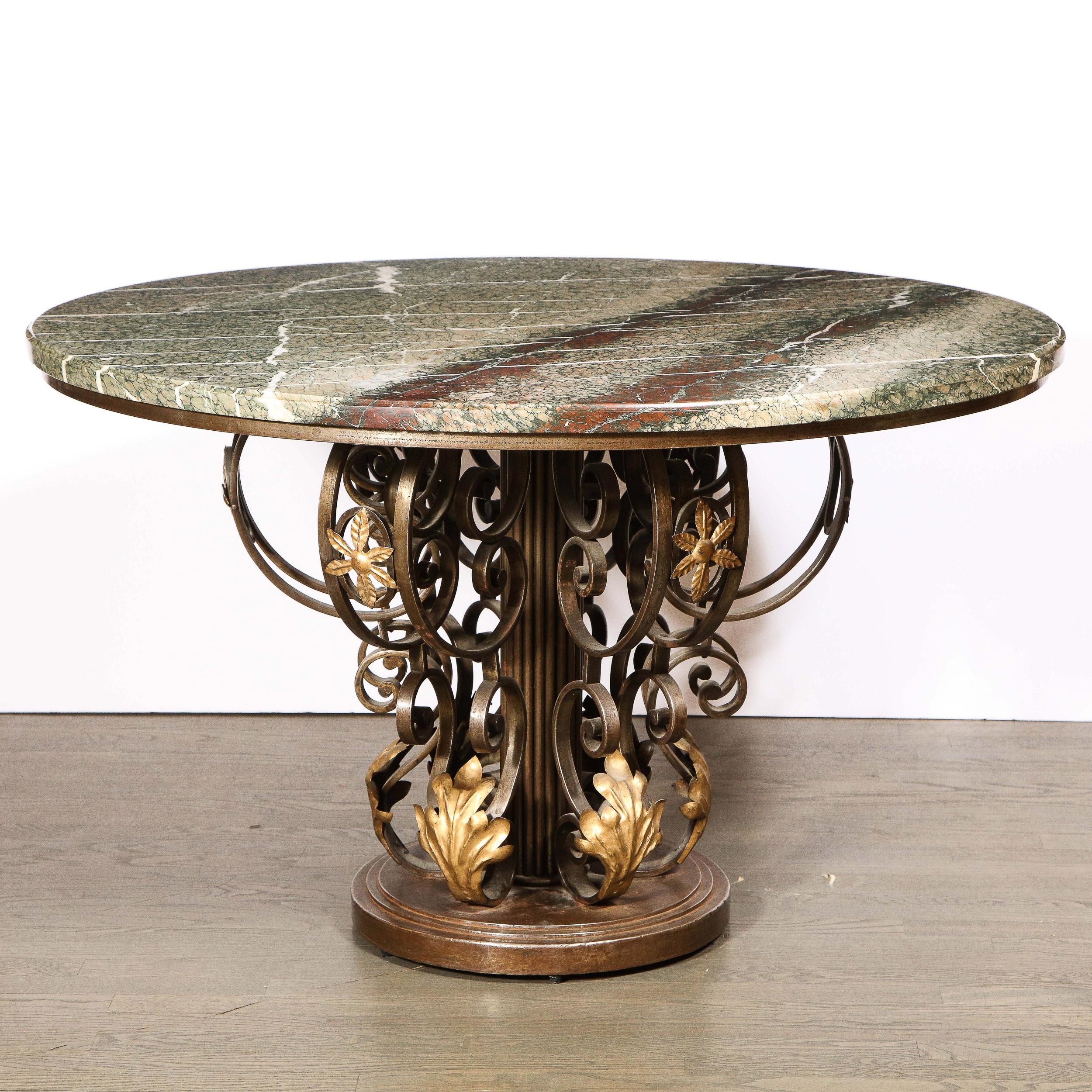 French Art Deco Hand Wrought Iron Table with Gilded Accents & Exotic Marble Top In Good Condition In New York, NY