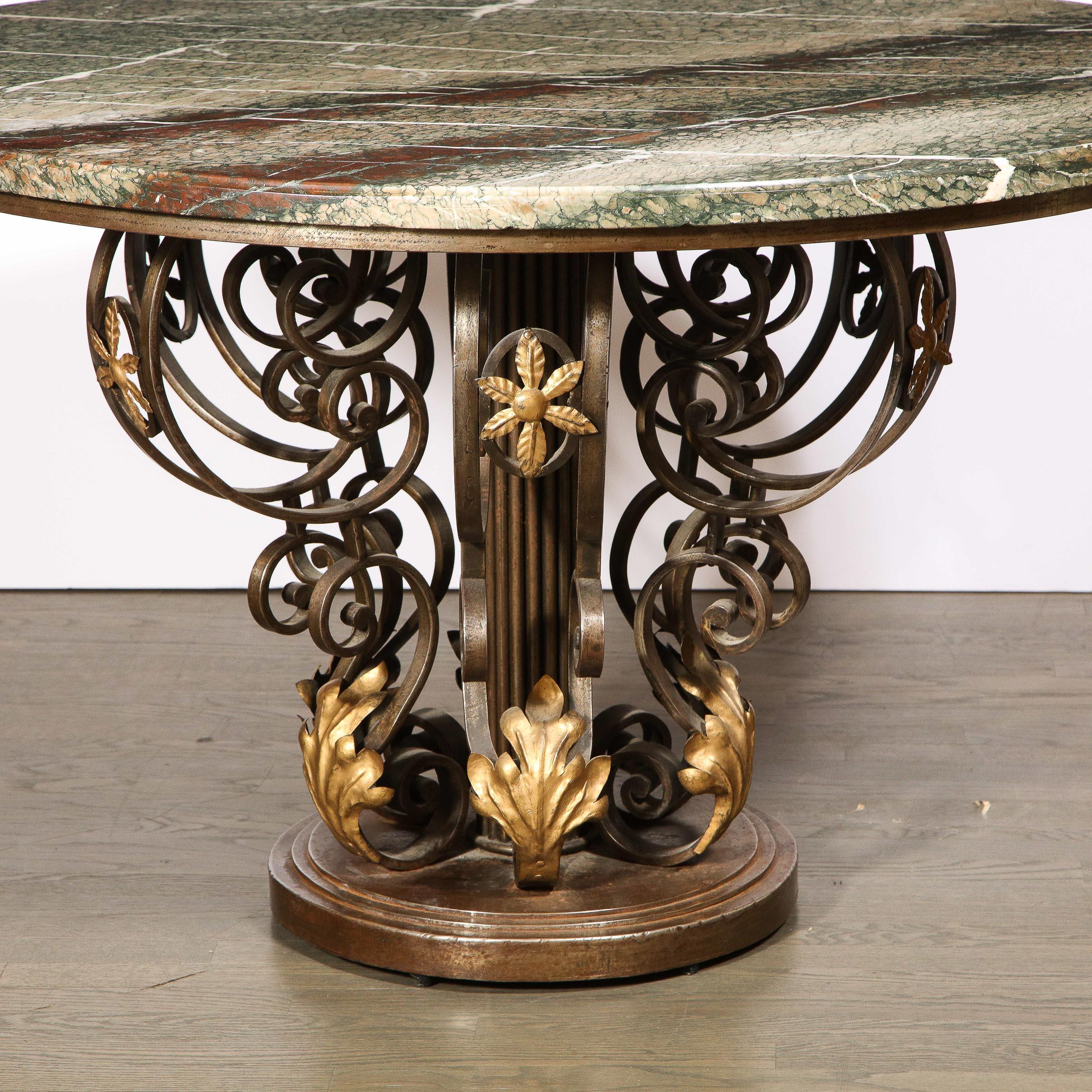 French Art Deco Hand Wrought Iron Table with Gilded Accents & Exotic Marble Top 2