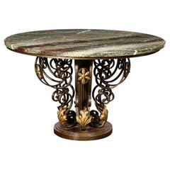 French Art Deco Hand Wrought Iron Table with Gilded Accents & Exotic Marble Top