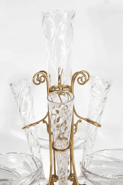 French Art Deco Hand Blown Crystal and Brass Scroll Form Design Epergne