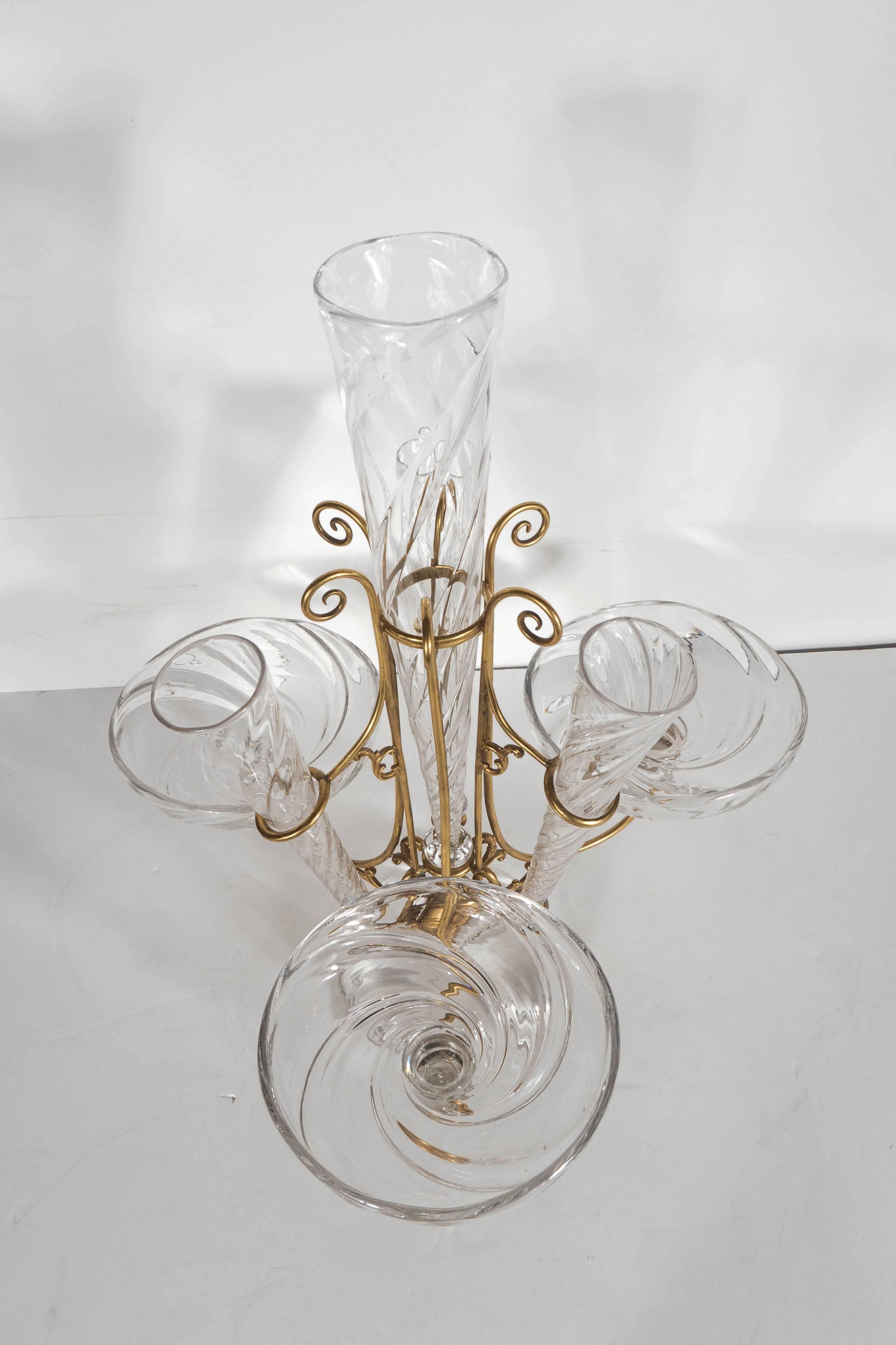 Mid-20th Century French Art Deco Hand Blown Crystal and Brass Scroll Form Design Epergne For Sale