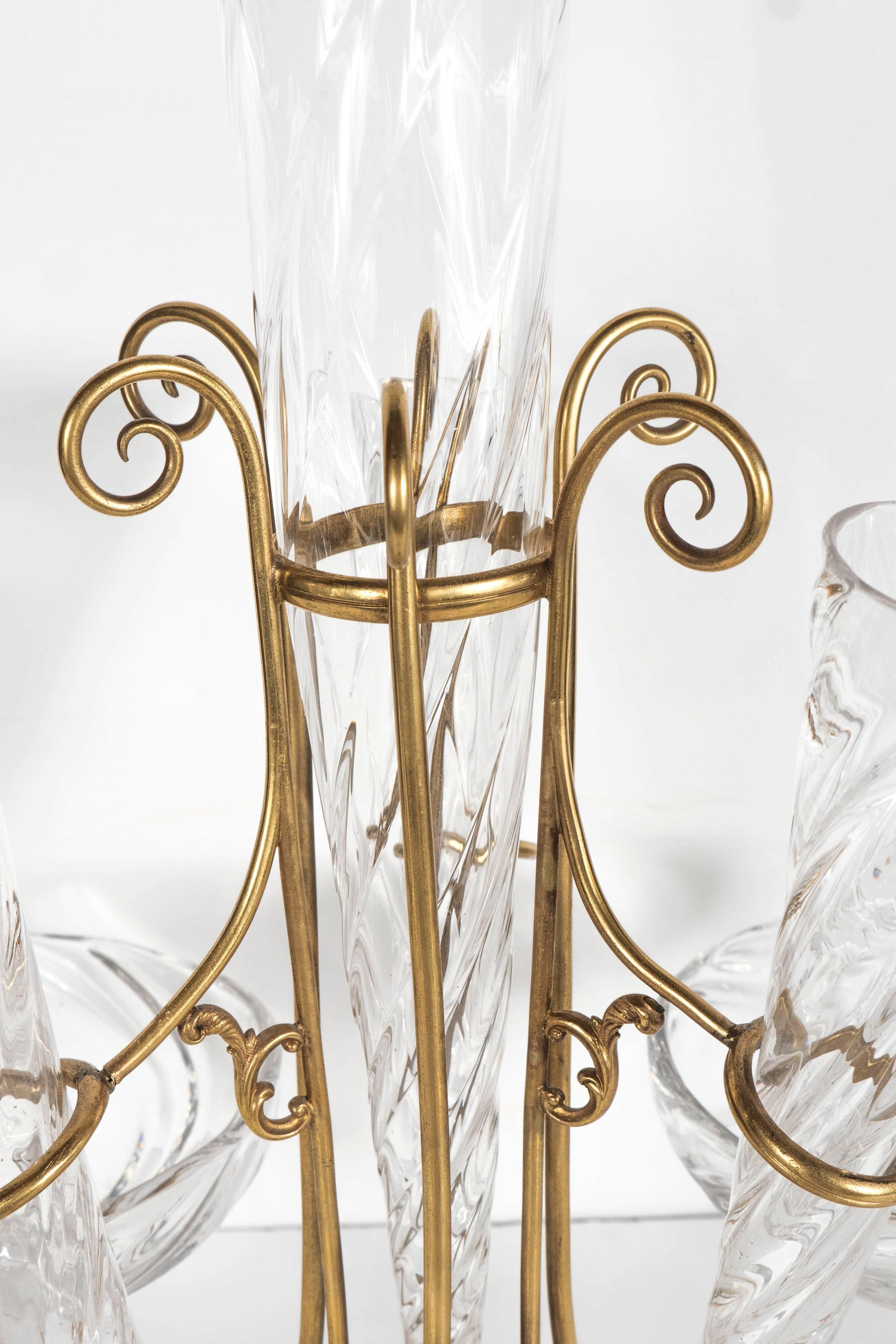French Art Deco Hand Blown Crystal and Brass Scroll Form Design Epergne For Sale 2