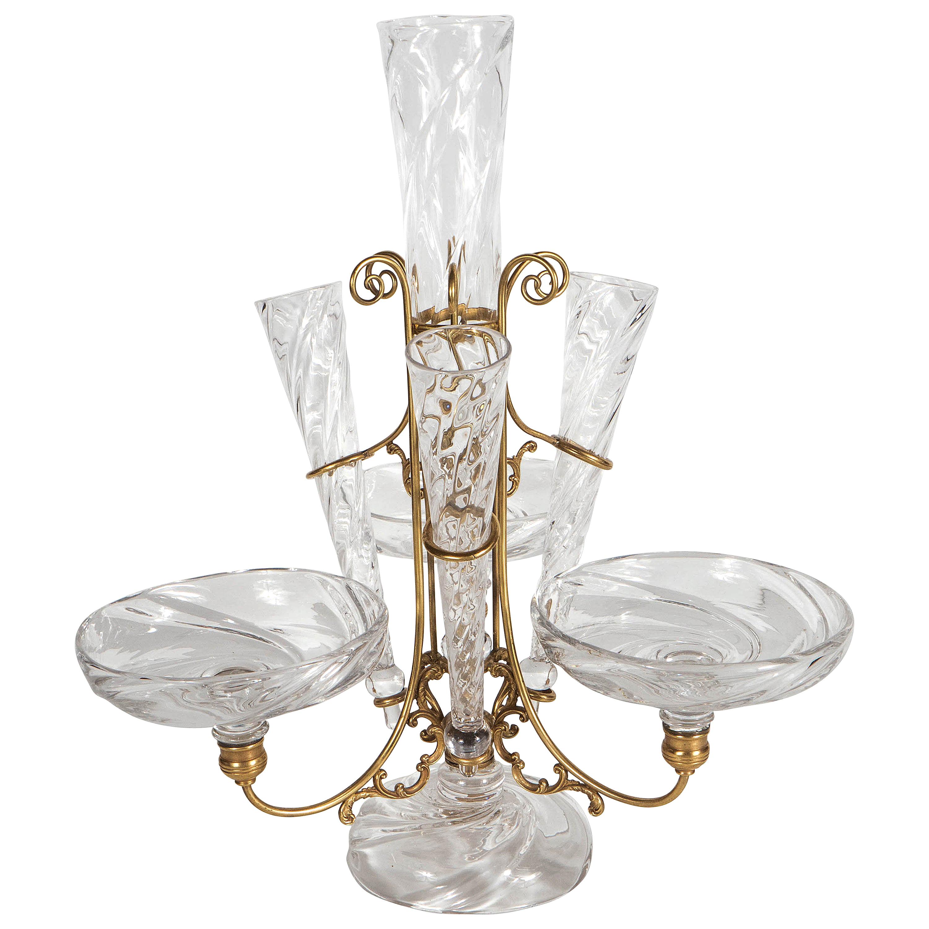 French Art Deco Hand Blown Crystal and Brass Scroll Form Design Epergne