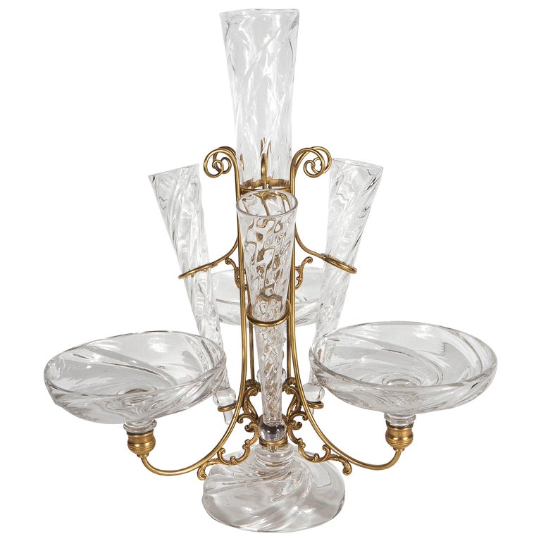 French Art Deco Hand Blown Crystal and Brass Scroll Form Design Epergne For Sale