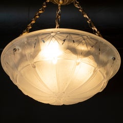 French Art Deco Handblown Glass Pendant with Gilt Brass Fittings, Muller Frerès