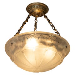 French Art Deco Handblown Glass Pendant with Gilt Brass Fittings, Muller Frerès