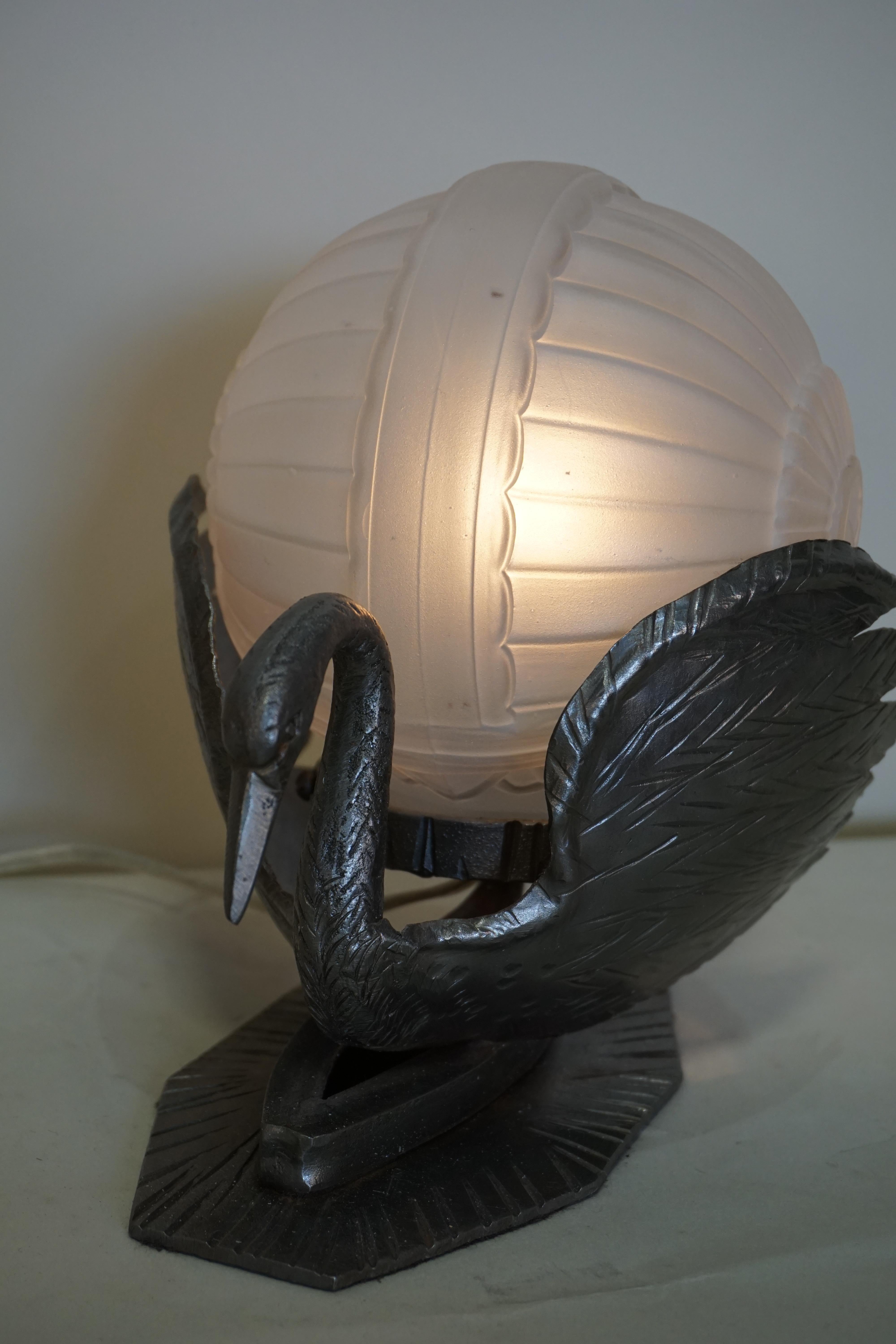 French Art Deco Handmade Iron Swan and Glass Shade Table Lamp In Good Condition In Fairfax, VA