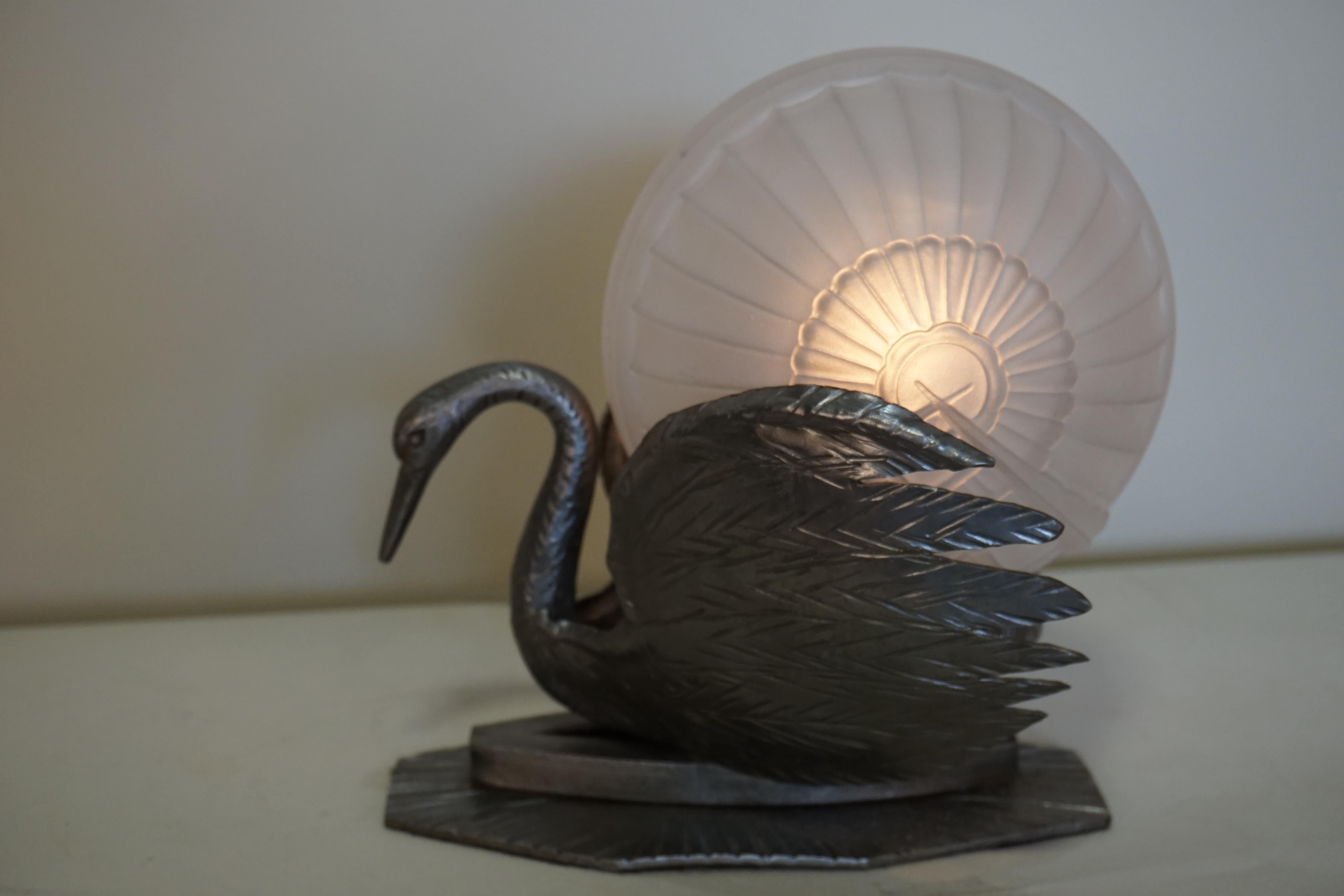 Early 20th Century French Art Deco Handmade Iron Swan and Glass Shade Table Lamp
