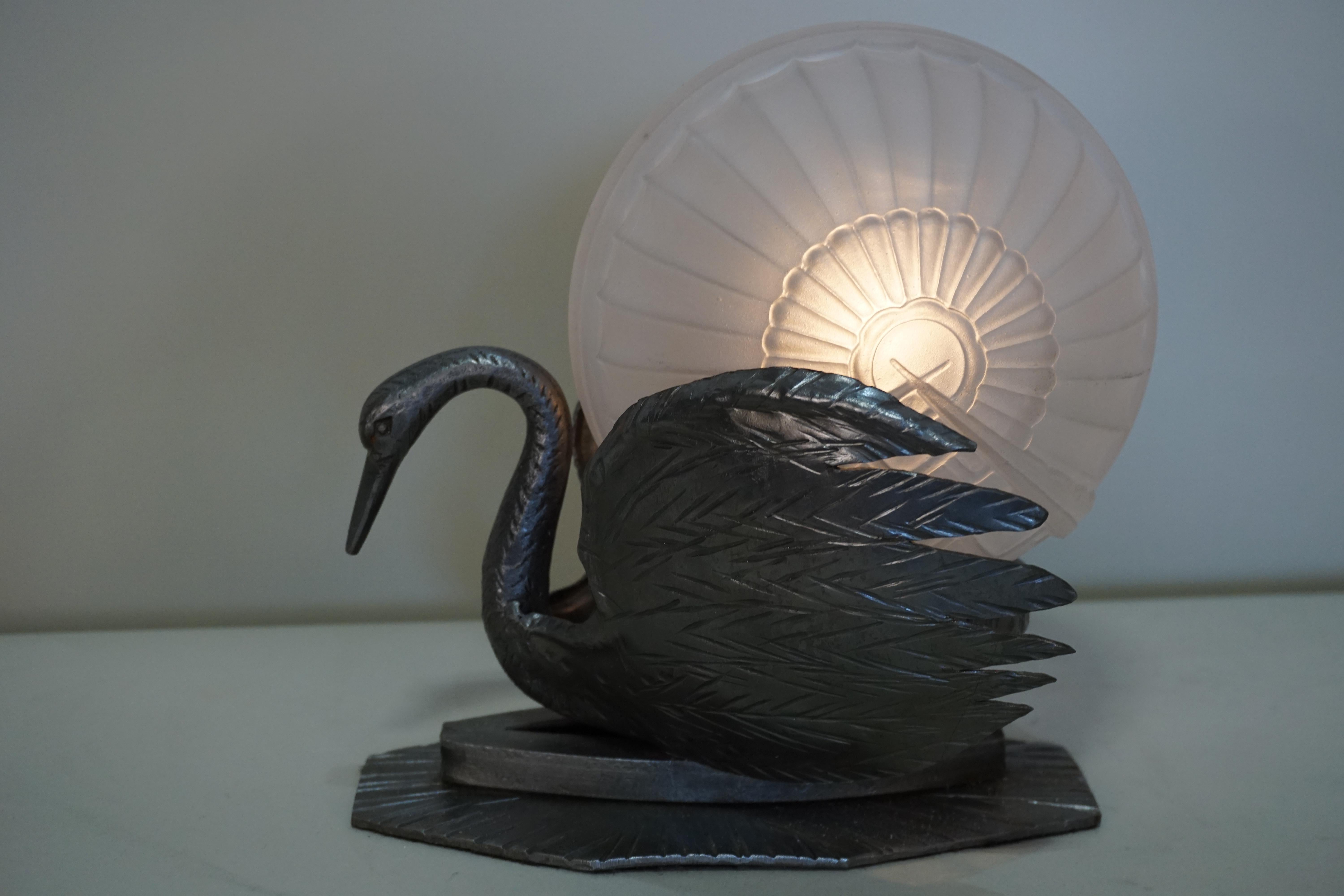 French Art Deco Handmade Iron Swan and Glass Shade Table Lamp 2