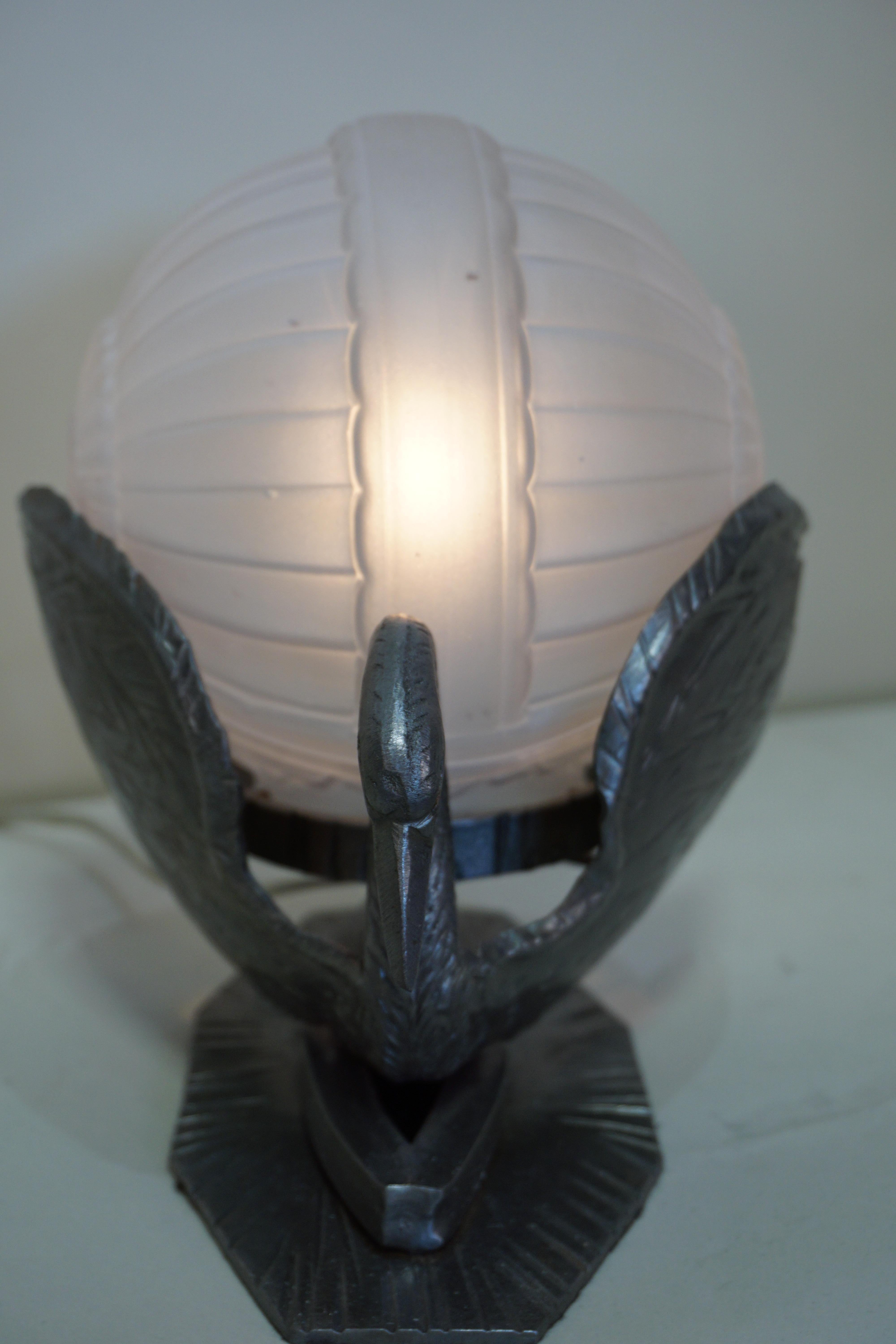 French Art Deco Handmade Iron Swan and Glass Shade Table Lamp 3
