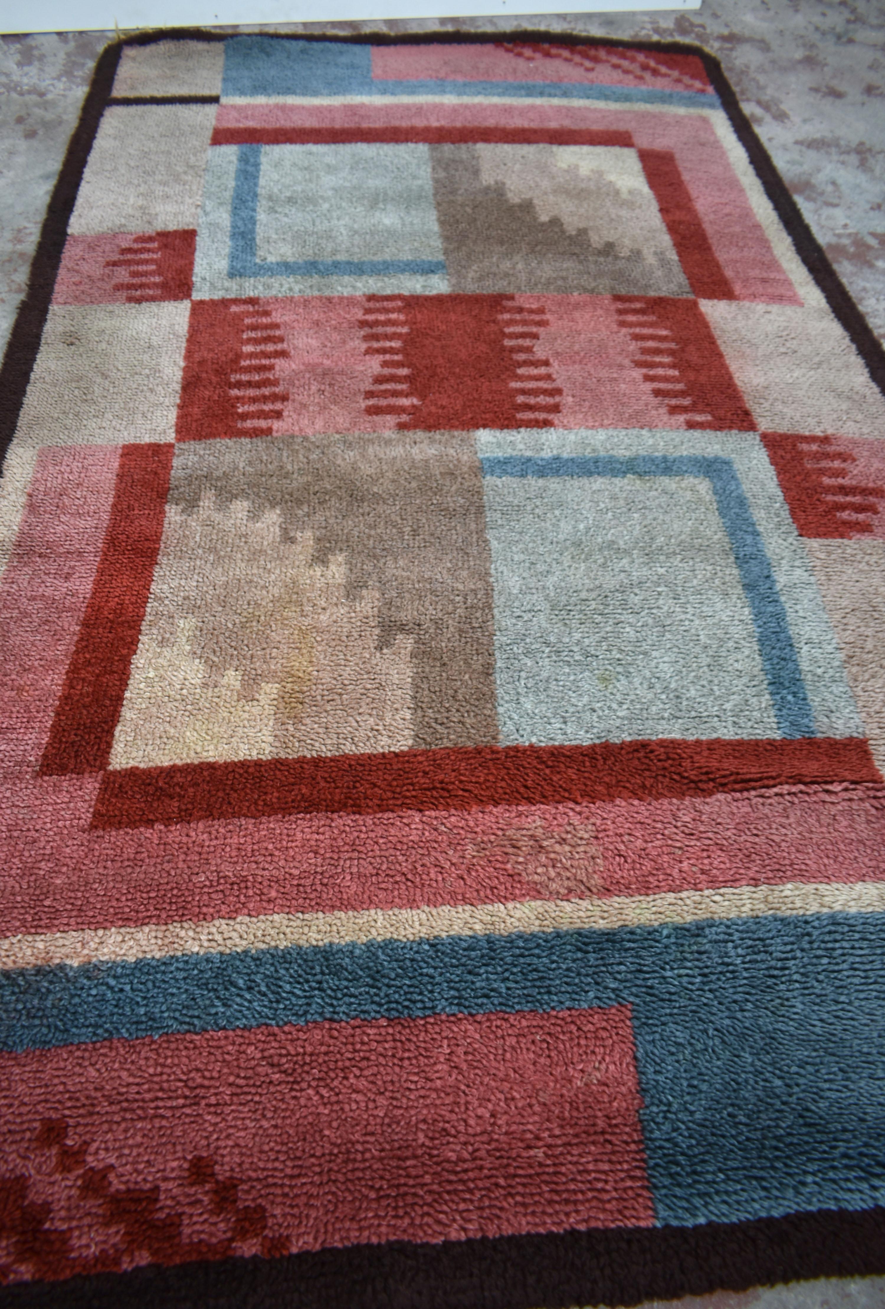 French Art Deco Handwoven Wool Rug, 1930s For Sale 4