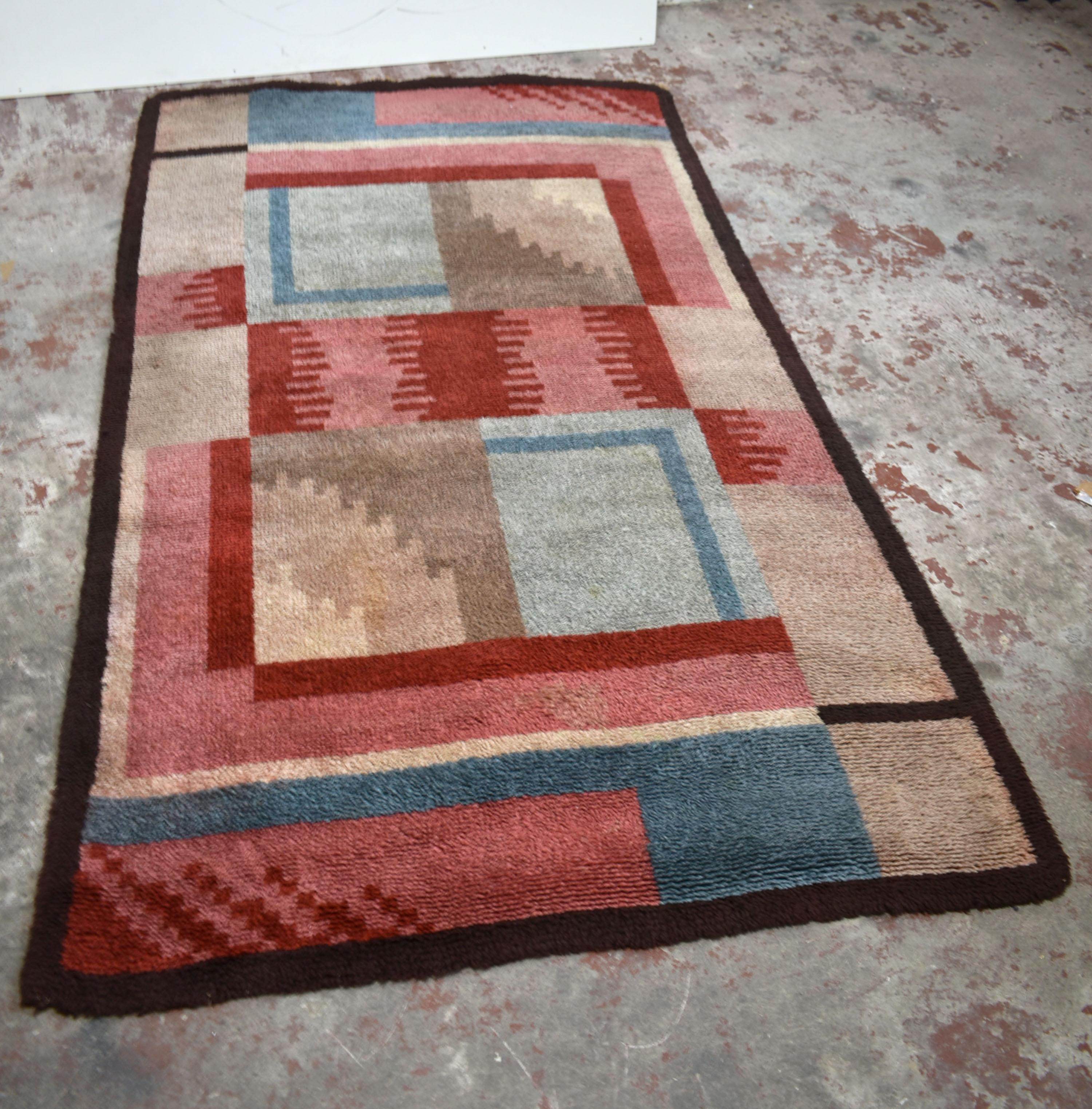 Hand-Woven French Art Deco Handwoven Wool Rug, 1930s For Sale