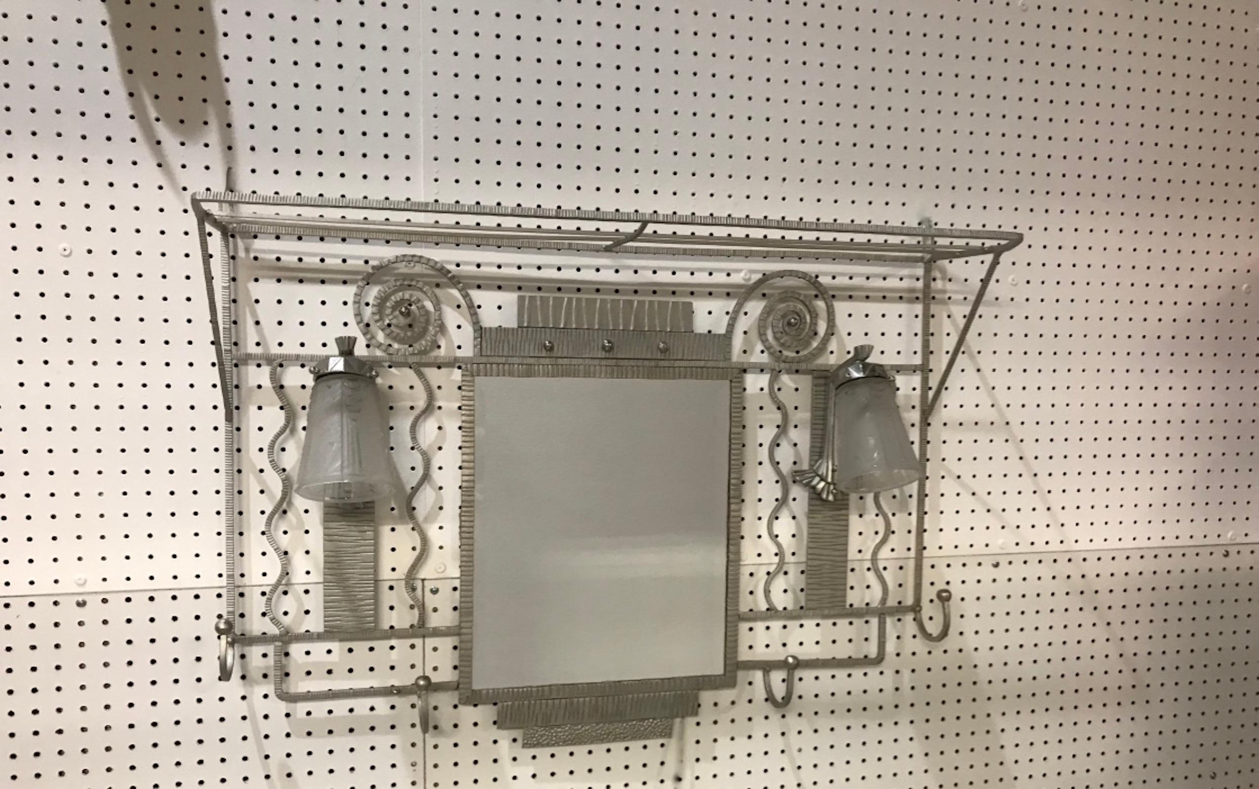 French Art Deco Hanging Coat Rack with Pair of Signed Muller Frères Sconces In Excellent Condition For Sale In North Bergen, NJ