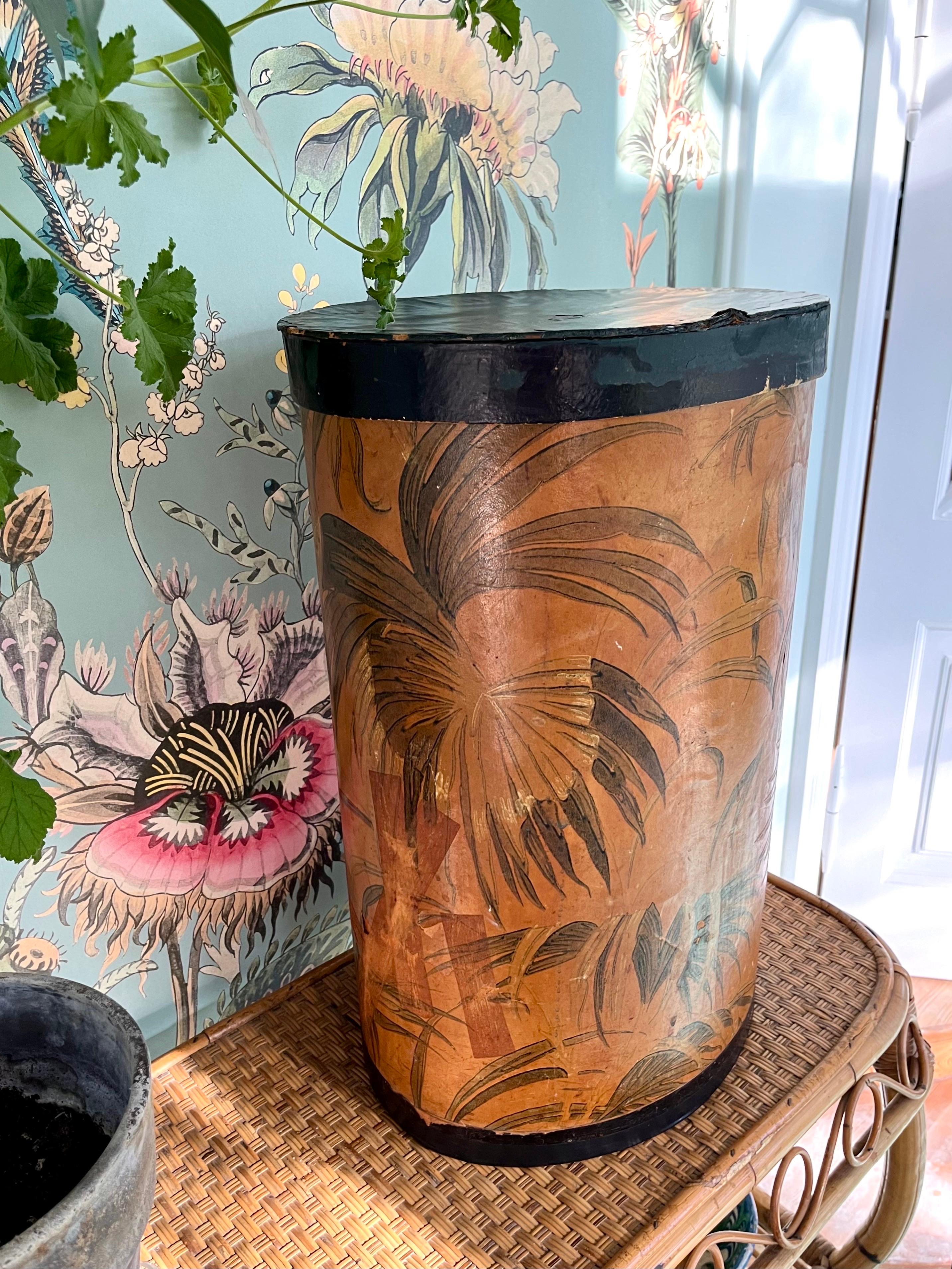 Paper French Art Deco Hat Box with Exotic Leaf Motif, 1920s–1930s For Sale