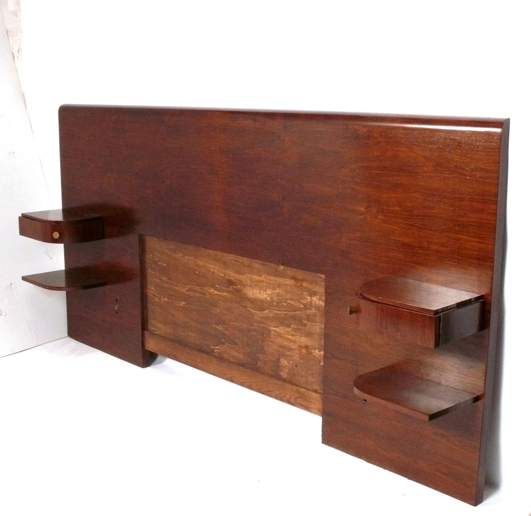 French Art Deco Headboard with Attached Night Stands, France, circa 1930s. It will fit a queen size mattress, measuring 