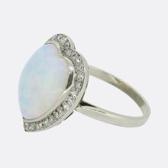 French Art Deco Heart Opal and Diamond Cluster Ring