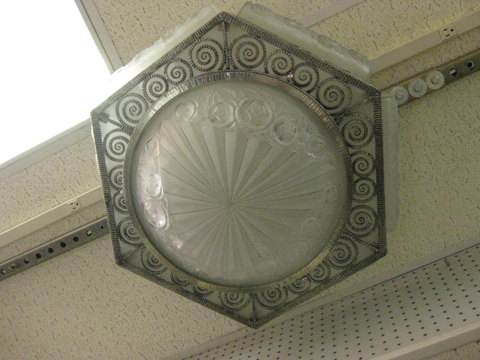 20th Century French Art Deco Hexagonal Hammered Iron and Art Glass Flush Mount by Degue For Sale