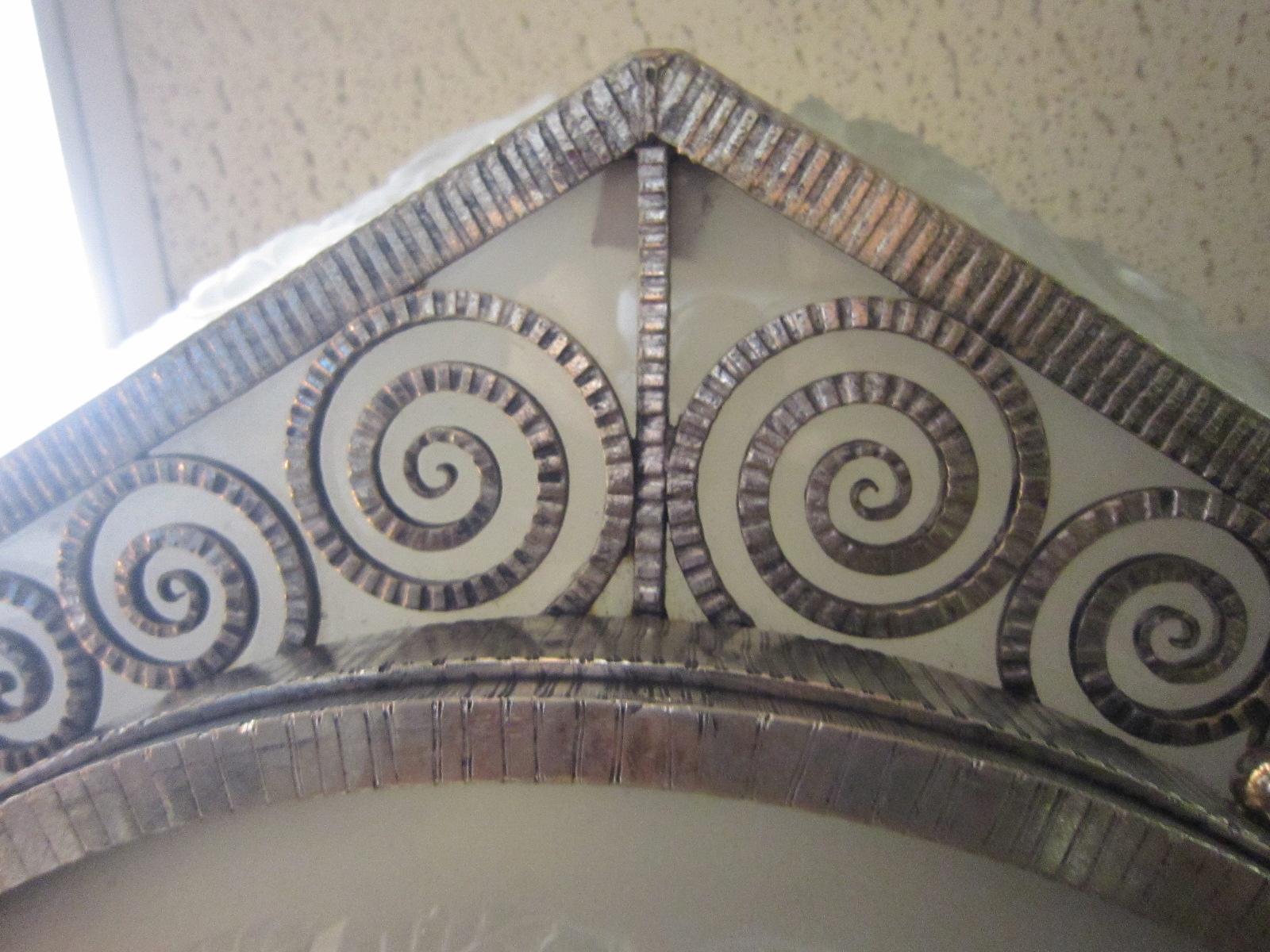 Nickel French Art Deco Hexagonal Hammered Iron and Art Glass Flush Mount by Degue
