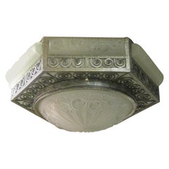 French Art Deco Hexagonal Hammered Iron and Art Glass Flush Mount by Degue