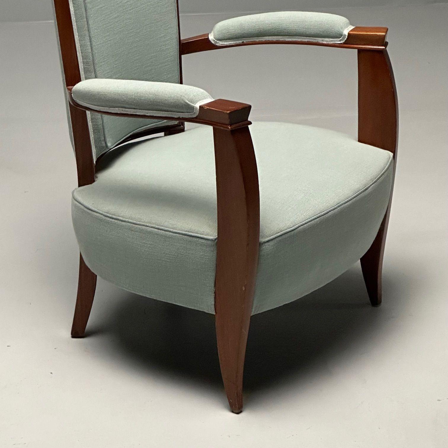 French Art Deco, High-Back Chairs, Mahogany, Turqoise Linen, France, 1970s For Sale 5