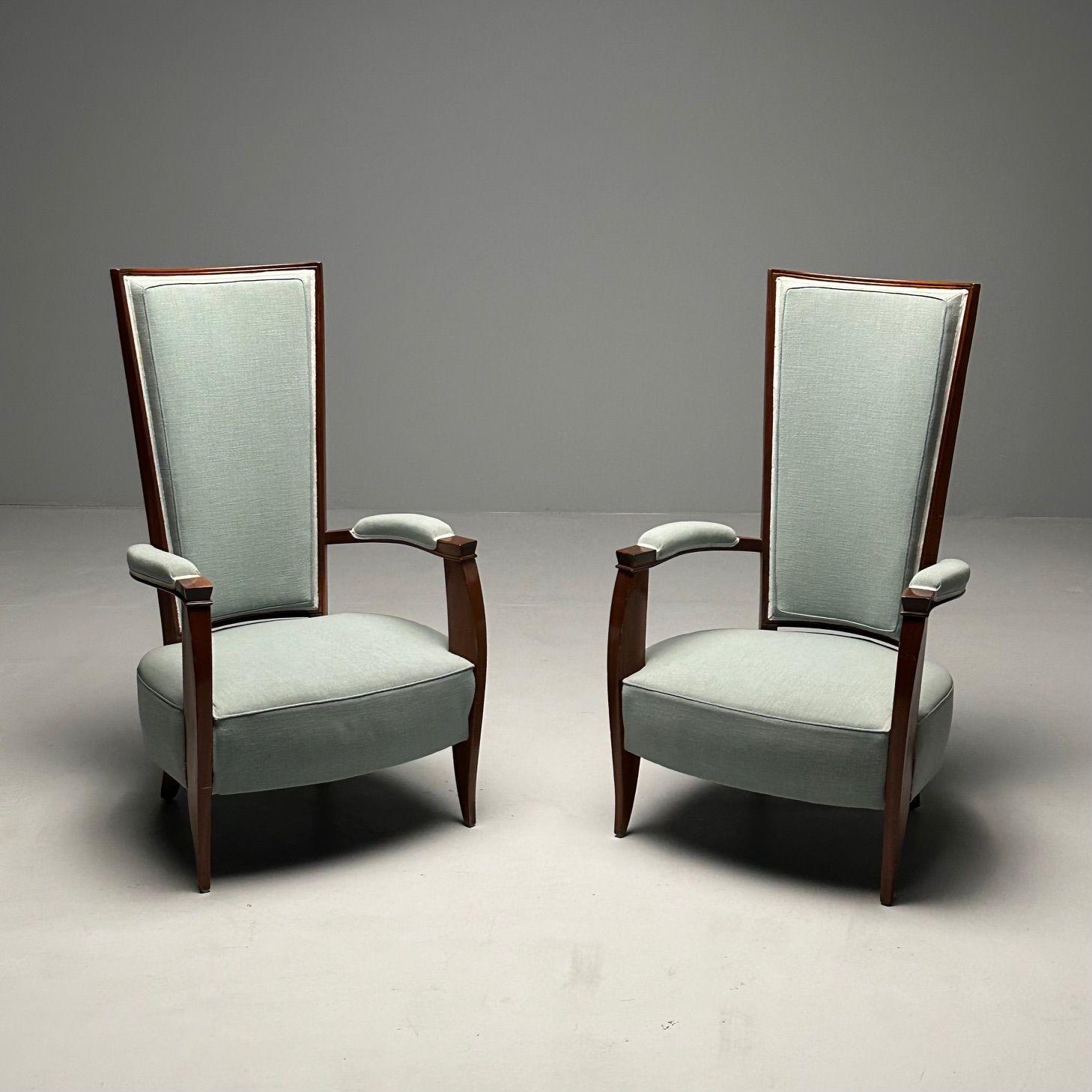 Pair French Art Deco Mahogany High-Back Arm / Occasional Chairs, Turqoise Linen

Set of two high-back French deco style armchairs having sleek Mahogany frames and durable later turquoise upholstery. Stylistically very similar to the work of French