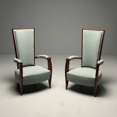French Art Deco, High-Back Chairs, Mahogany, Turqoise Linen, France, 1970s