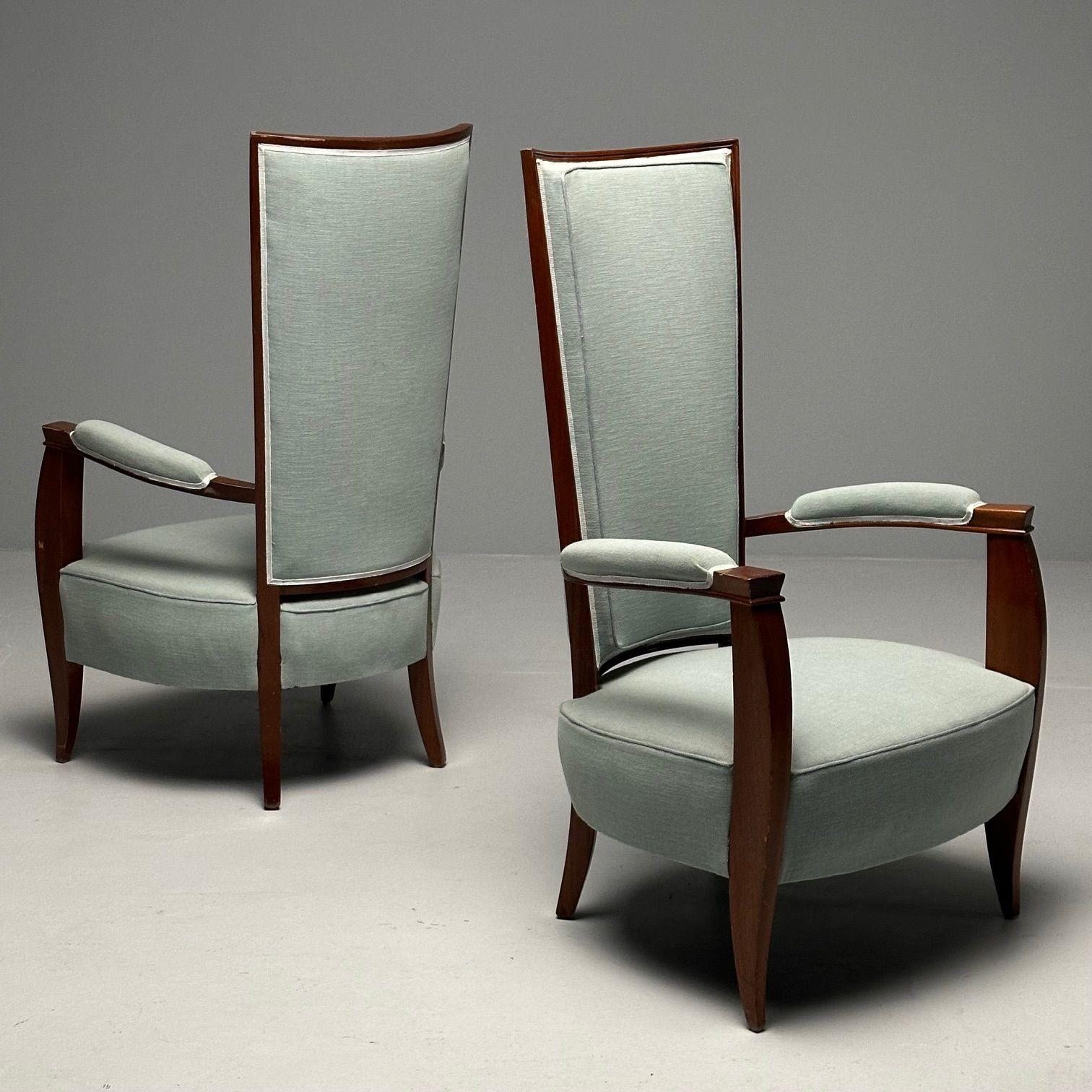 French Art Deco, High-Back Chairs, Mahogany, Turqoise Linen, France, 1970s In Good Condition For Sale In Stamford, CT