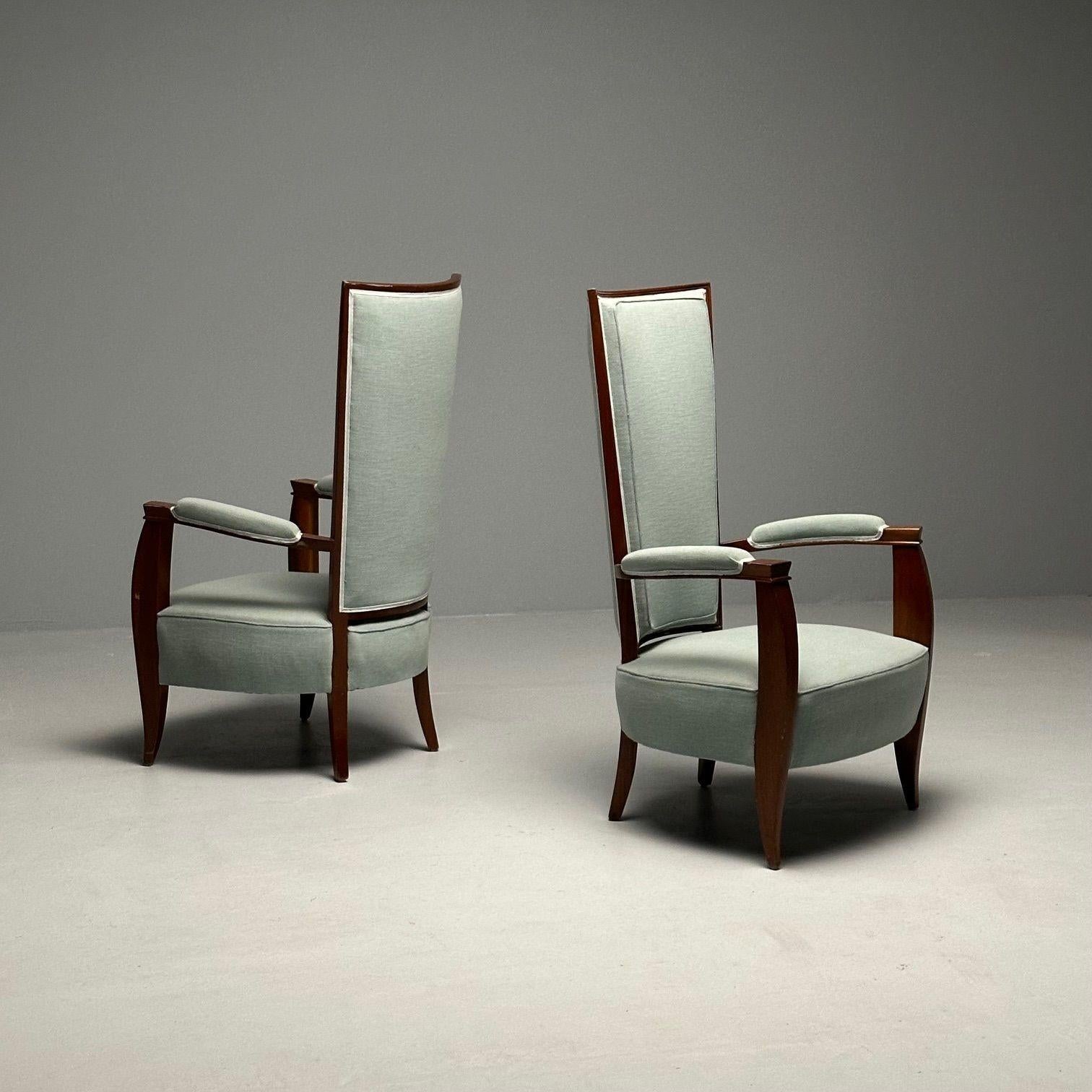 Late 20th Century French Art Deco, High-Back Chairs, Mahogany, Turqoise Linen, France, 1970s For Sale