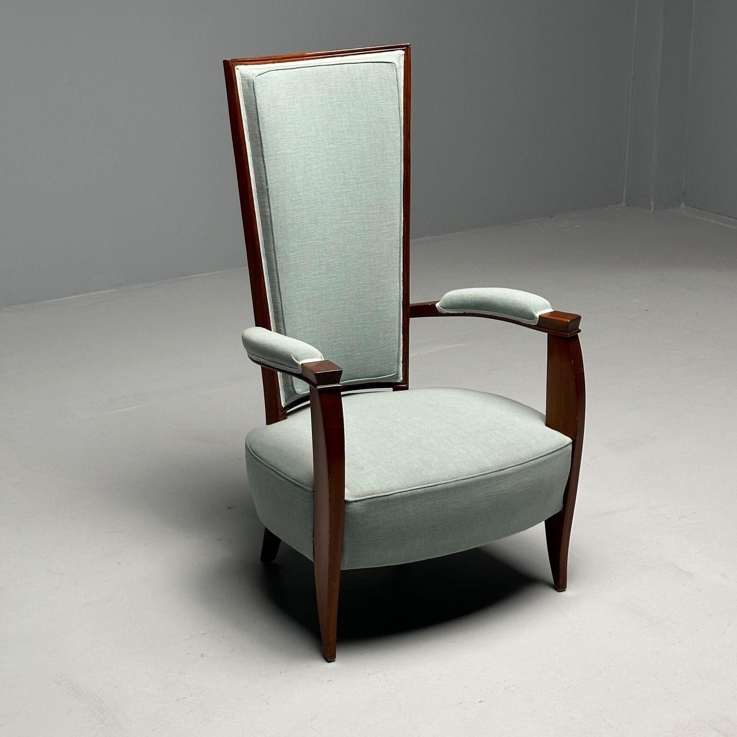 French Art Deco, High-Back Chairs, Mahogany, Turqoise Linen, France, 1970s For Sale 1