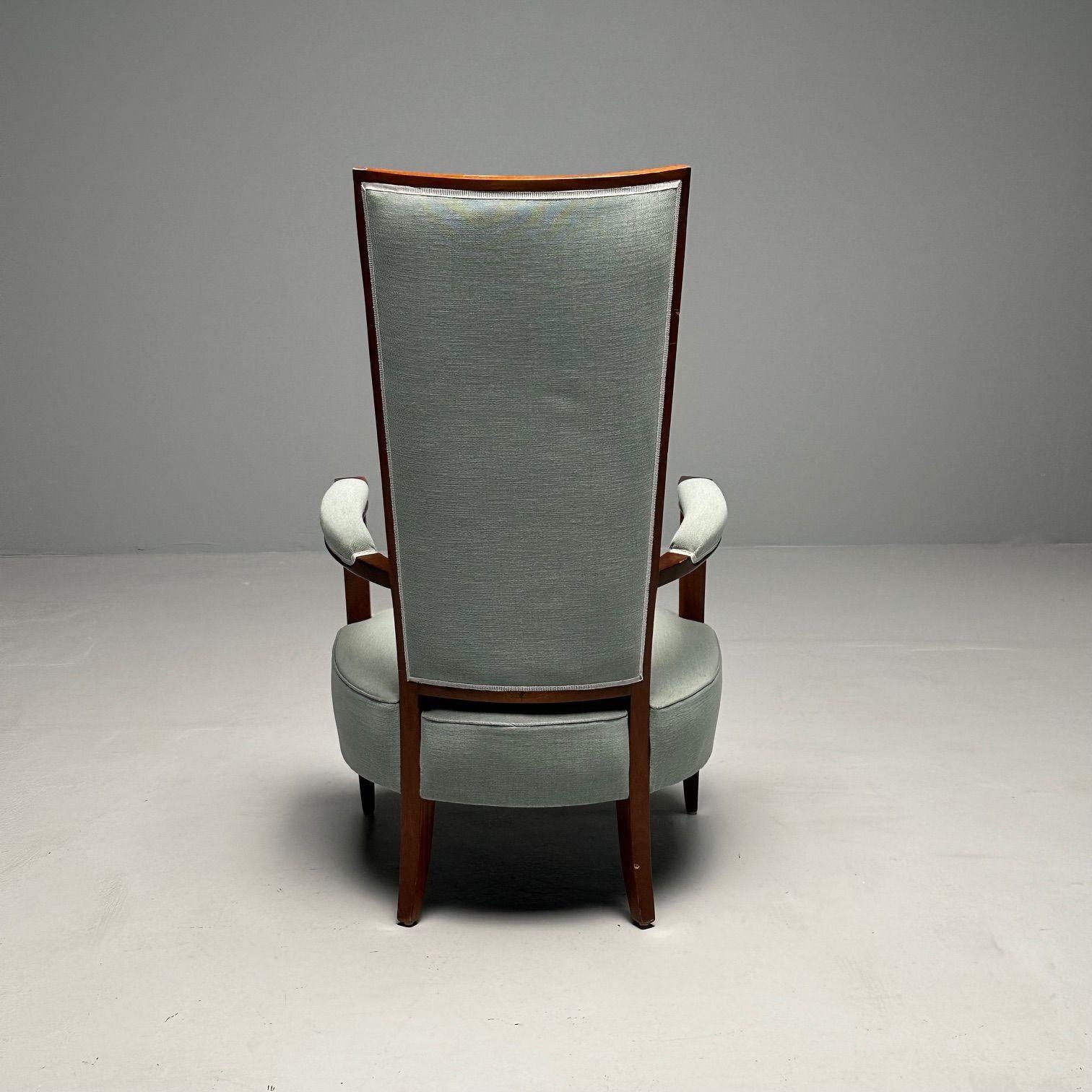 French Art Deco, High-Back Chairs, Mahogany, Turqoise Linen, France, 1970s For Sale 3