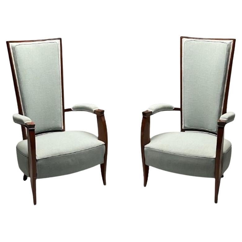 French Art Deco, High-Back Chairs, Mahogany, Turqoise Linen, France, 1970s For Sale