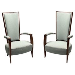 French Art Deco, High-Back Chairs, Mahogany, Turqoise Linen, France, 1970s