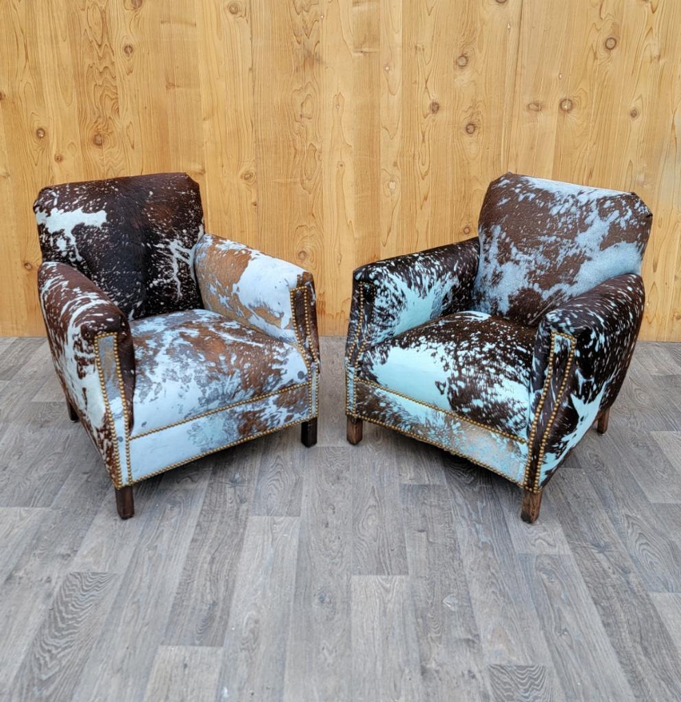 French Art Deco His & Hers Club Chairs in Baby-Blue Brazilian Cowhide - Set of 2 In Good Condition In Chicago, IL