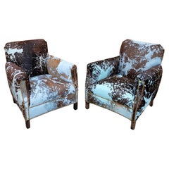 French Art Deco His & Hers Club Chairs in Baby-Blue Brazilian Cowhide - Set of 2