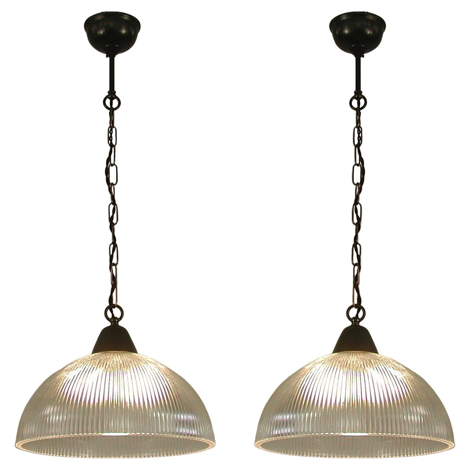French Art Deco Holophane Industrial Glass Pendant Lamp, 1930s-1940s