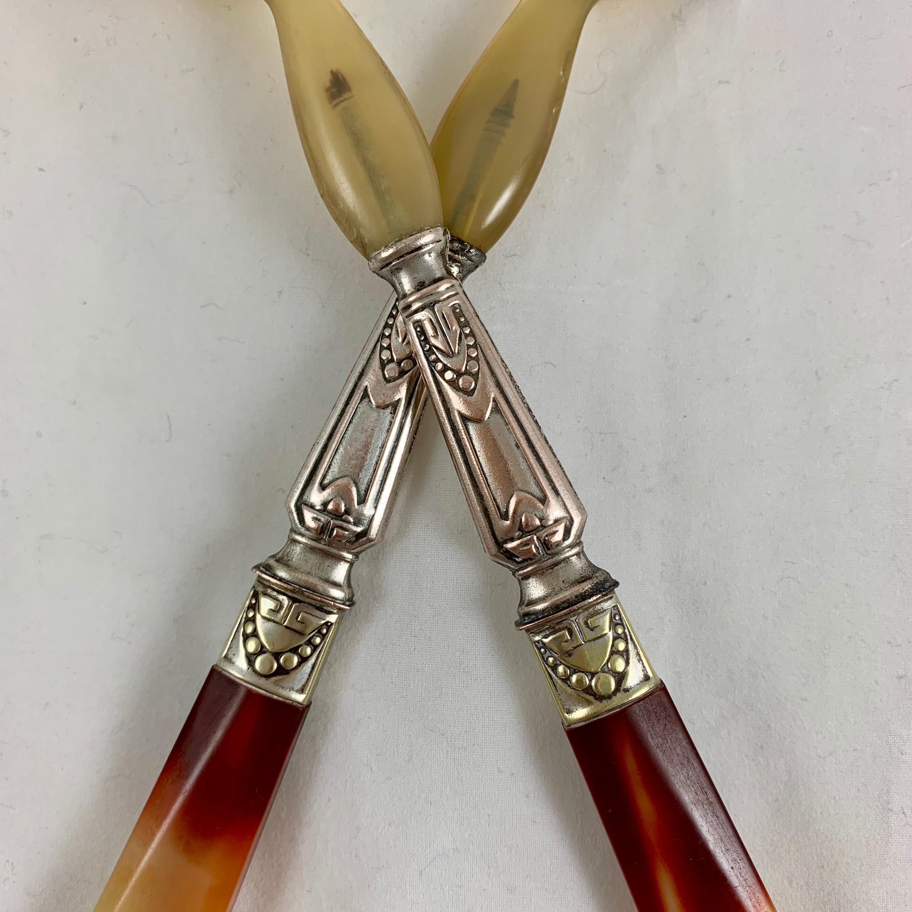 Carved French Art Deco Horn, Bakelite & Silver Plate Salad Servers, a Cased Set of Two For Sale